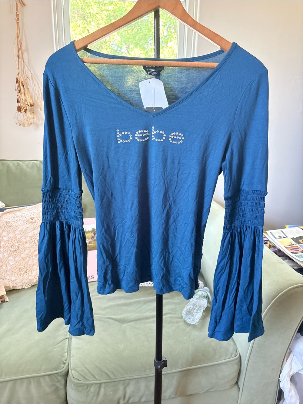 BEBE teal blue flared long sleeve top w/ rhinestones size S/P